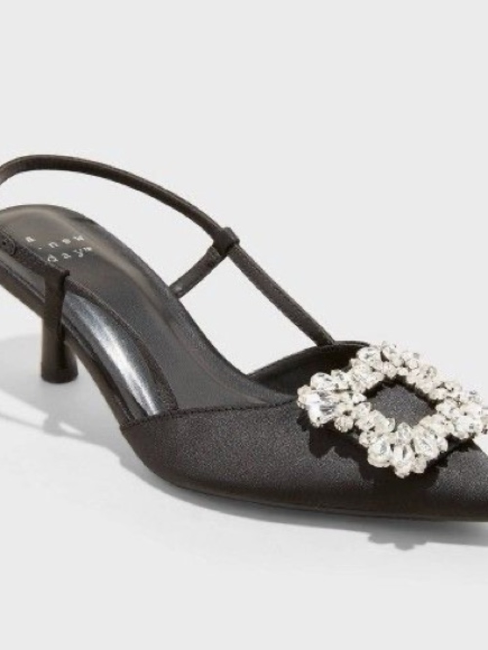 a new day Black Satin Crystal-Embellished Slingback Heels